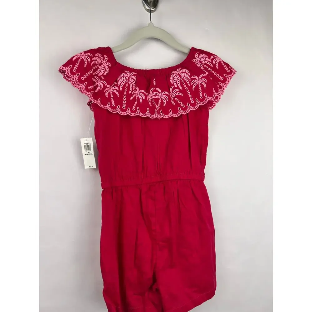 Old Navy Pink Embroidered Palm Ruffle Romper Girls 4T Cotton Summer Playwear